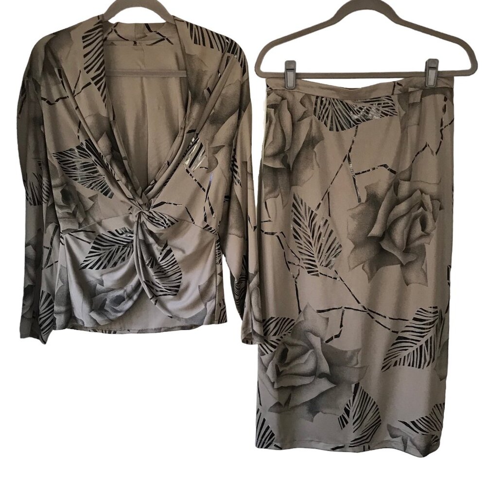 Augustat Tan/Beige with Black Floral Print Midi Skirt and Blouse Set Size L